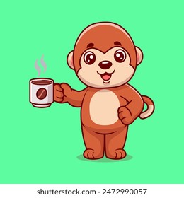 Cute monkey drinking coffee cartoon icon illustration. Animal drink icon concept isolated flat cartoon style