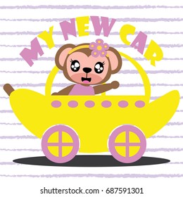 Cute monkey drives new car vector cartoon illustration for kid t shirt design, nursery wall, and wallpaper
