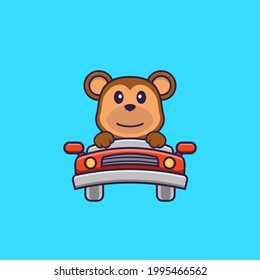 Cute monkey is driving. Animal cartoon concept isolated. Can used for t-shirt, greeting card, invitation card or mascot.