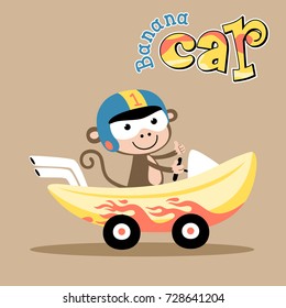 Cute monkey driving banana car, vector cartoon illustration