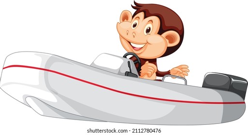 Cute monkey driving boat on white background illustration