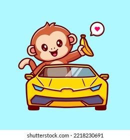 Cute Monkey Driving Car With Banana Cartoon Vector Icon Illustration. Animal Transportation Icon Concept Isolated Premium Vector. Flat Cartoon Style