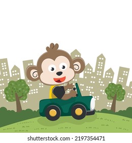 cute monkey driving a car go to forest funny animal cartoon. Creative vector childish background for fabric, textile, nursery wallpaper, poster, card, brochure. and other decoration.