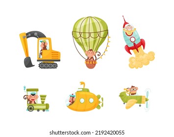 Cute Monkey Driving and Riding Transport Like Train and Submarine Vector Set