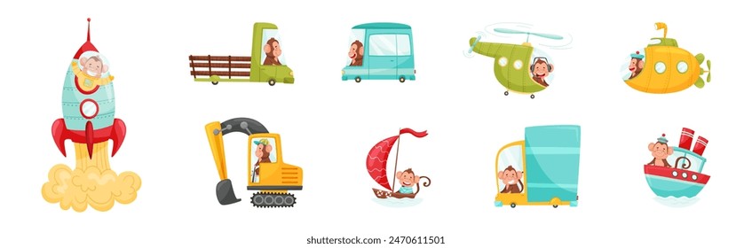 Cute Monkey Driving and Riding Transport Vector Set