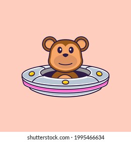 Cute monkey Driving Spaceship Ufo. Animal cartoon concept isolated. Can used for t-shirt, greeting card, invitation card or mascot.