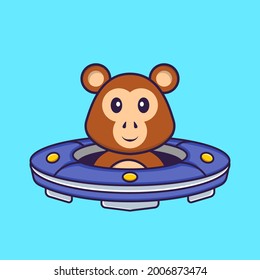 Cute monkey Driving Spaceship Ufo. Animal cartoon concept isolated. Can used for t-shirt, greeting card, invitation card or mascot.