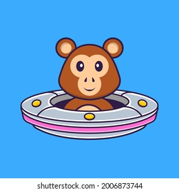 Cute monkey Driving Spaceship Ufo. Animal cartoon concept isolated. Can used for t-shirt, greeting card, invitation card or mascot.