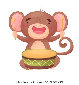 Cute monkey with a drum. Vector illustration on white background.