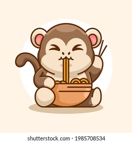Cute monkey eat ramen noodle cartoon