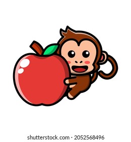 cute monkey eating apple icon illustration vector graphic 