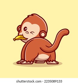 Cute Monkey Eating Banana Cartoon Vector Icon Illustration. Animal Nature Icon Concept Isolated Premium Vector. Flat Cartoon Style