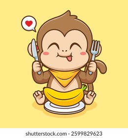 Cute Monkey Eating Banana Cartoon Vector Icon Illustration. Animal Food Icon Concept Isolated Premium Vector. Flat Cartoon Style