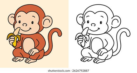 Cute monkey eating a banana cartoon character coloring page vector illustration