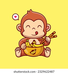 Cute Mono comiendo banana con palillos Icono vector de dibujos animados Ilustración. Vector Premium Aislado De Icono De Alimentos Animales. Estilo de dibujo plano