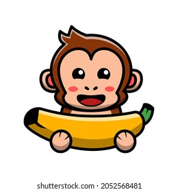 cute monkey eating banana icon illustration vector graphic 