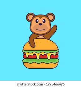 Cute monkey eating burger. Animal cartoon concept isolated. Can used for t-shirt, greeting card, invitation card or mascot.