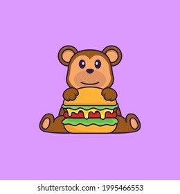 Cute monkey eating burger. Animal cartoon concept isolated. Can used for t-shirt, greeting card, invitation card or mascot.