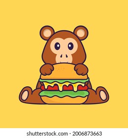 Cute monkey eating burger. Animal cartoon concept isolated. Can used for t-shirt, greeting card, invitation card or mascot.