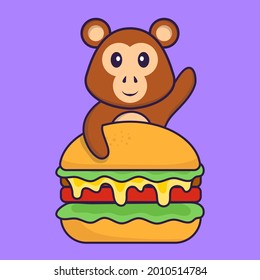 Una hamburguesa de mono. El concepto de caricatura animal aislado. Puede usarse para camisetas, tarjetas de felicitación, tarjetas de invitación o mascota.