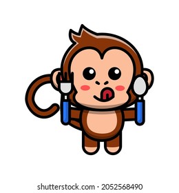 cute monkey eating with cutlery icon illustration vector graphic 