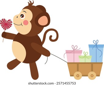 Cute monkey eating lollipop pulling wooden small cart with gifts
