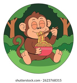 Cute Monkey Eating Noodles Illustration