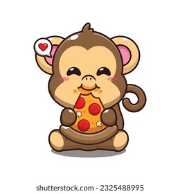 linda ilustración vectorial de la caricatura de pizza de monos comiendo.