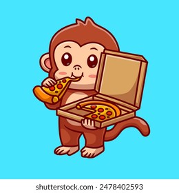 Cute Monkey Eating Pizza Cartoon Vector Icon Illustration. Animal Food Icon Concept Isolated Premium Vector. Flat Cartoon Style