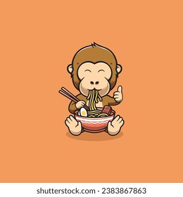 Cute monkey eating ramen cartoon illustration