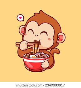 Cute Monkey Eating Ramen Noodle Cartoon Vector Icon Illustration. Animal Food Icon Concept Isolated Premium Vector. Flat Cartoon Style