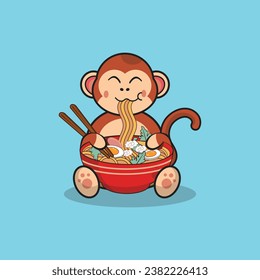 Cute monkey eating ramen noodle vector cartoon flat illustration