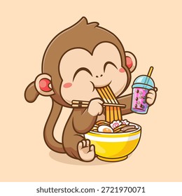 Mono lindo comiendo fideos de ramen y beber té de leche Boba ilustración de Vector de dibujos animados. Icono de comida animal concepto aislado Premium Vector. Estilo plano de la historieta