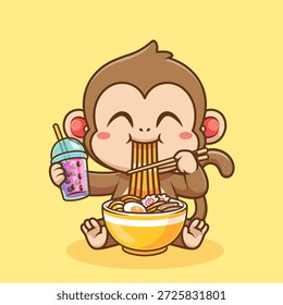 Cute Monkey Eating Ramen Noodle And Drink Milk Tea Boba Cartoon Vector Icon Illustration. Animal Food Icon Concept Isolated Premium Vector. Flat Cartoon Style