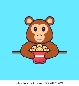 Cute monkey eating ramen noodles. Animal cartoon concept isolated. Can used for t-shirt, greeting card, invitation card or mascot.