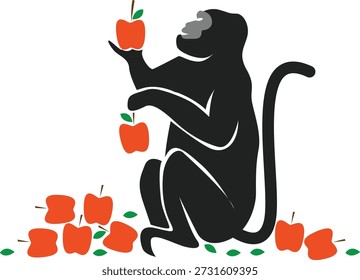 Mono lindo que come la manzana roja, silueta animal divertida del primate, carácter tropical de la selva de la vida silvestre, macaco juguetón con la ilustración de la fruta, habitante del zoológico de la naturaleza, arte dulce del mono del bosque, material de diseño, recurso gráfico, imagen cruda, Imagen editable
