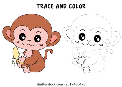Cute monkey eats banana coloring pages for kids. Trace and color Monkey. Monkey on a white background vector. Coloring book for kids. Kindergarten and preschool worksheets printables for kids.