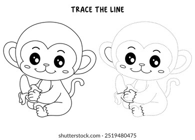 Süße Affe isst Banane Malvorlagen für Kinder. Spur und Farbe Affe. Affe auf weißem Hintergrund, Vektor. Malbuch für Kinder. Kindergarten- und Vorschularbeitsblätter für Kinder.