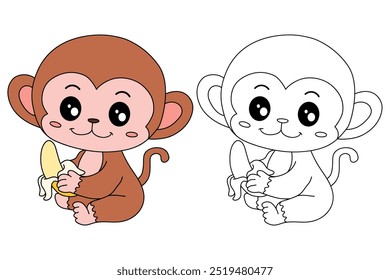 Cute monkey eats banana coloring pages for kids. Trace and color Monkey. Monkey on a white background vector. Coloring book for kids. Kindergarten and preschool worksheets printables for kids.