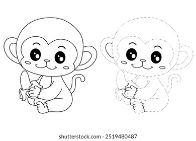 Cute monkey eats banana coloring pages for kids. Trace and color Monkey. Monkey on a white background vector. Coloring book for kids. Kindergarten and preschool worksheets printables for kids.