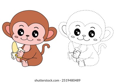 Cute monkey eats banana coloring pages for kids. Trace and color Monkey. Monkey on a white background vector. Coloring book for kids. Kindergarten and preschool worksheets printables for kids.