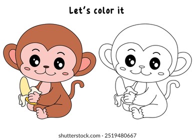 Cute monkey eats banana coloring pages for kids. Trace and color Monkey. Monkey on a white background vector. Coloring book for kids. Kindergarten and preschool worksheets printables for kids.