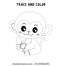 Cute monkey eats banana coloring pages for kids. Trace and color Monkey. Monkey on a white background vector. Coloring book for kids. Kindergarten and preschool worksheets printables for kids.