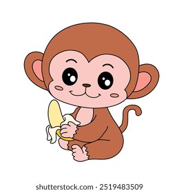Cute monkey eats banana coloring pages for kids. Trace and color Monkey. Monkey on a white background vector. Coloring book for kids. Kindergarten and preschool worksheets printables for kids.