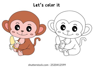 Cute monkey eats banana coloring pages for kids. Trace and color Monkey. Monkey on a white background vector. Coloring book for kids. Kindergarten and preschool worksheets printables for kids.