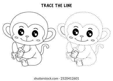 Cute monkey eats banana coloring pages for kids. Trace and color Monkey. Monkey on a white background vector. Coloring book for kids. Kindergarten and preschool worksheets printables for kids.