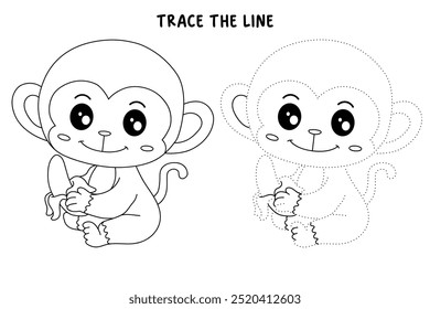 Cute monkey eats banana coloring pages for kids. Trace and color Monkey. Monkey on a white background vector. Coloring book for kids. Kindergarten and preschool worksheets printables for kids.