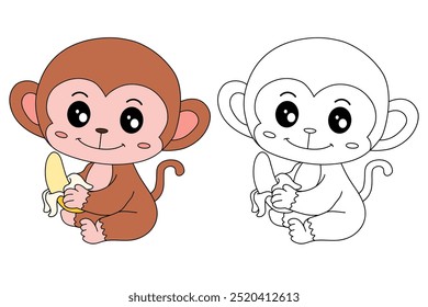 Cute monkey eats banana coloring pages for kids. Trace and color Monkey. Monkey on a white background vector. Coloring book for kids. Kindergarten and preschool worksheets printables for kids.
