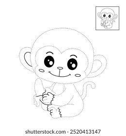 Cute monkey eats banana coloring pages for kids. Trace and color Monkey. Monkey on a white background vector. Coloring book for kids. Kindergarten and preschool worksheets printables for kids.