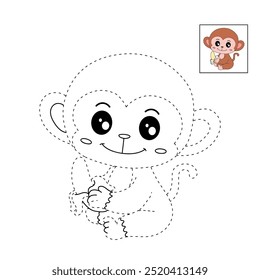 Macaco bonito come banana colorir páginas para crianças. Macaco de traço e cor. Macaco em um vetor de fundo branco. Livro de colorir para crianças. Planilhas para jardim de infância e pré-escola imprimíveis para crianças.